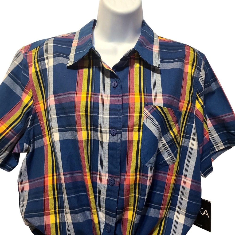 Women's Button Up Western Shirt Sz L Multi Color Plaid NWT Vintage Cozy Fall Tie